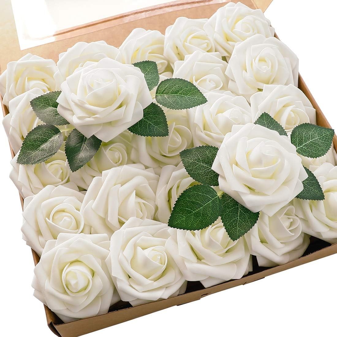Realistic 25pcs Ivory Foam Roses with 8 Leaves for Stunning Floral Arrangements