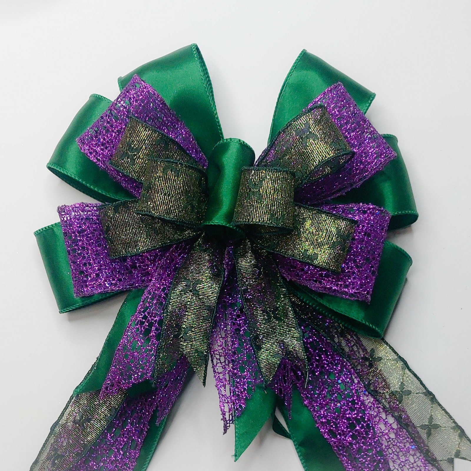Mardi Gras Bow, Black with Gold Glimmer, Purple Metallic Mesh, Emerald Green Sat