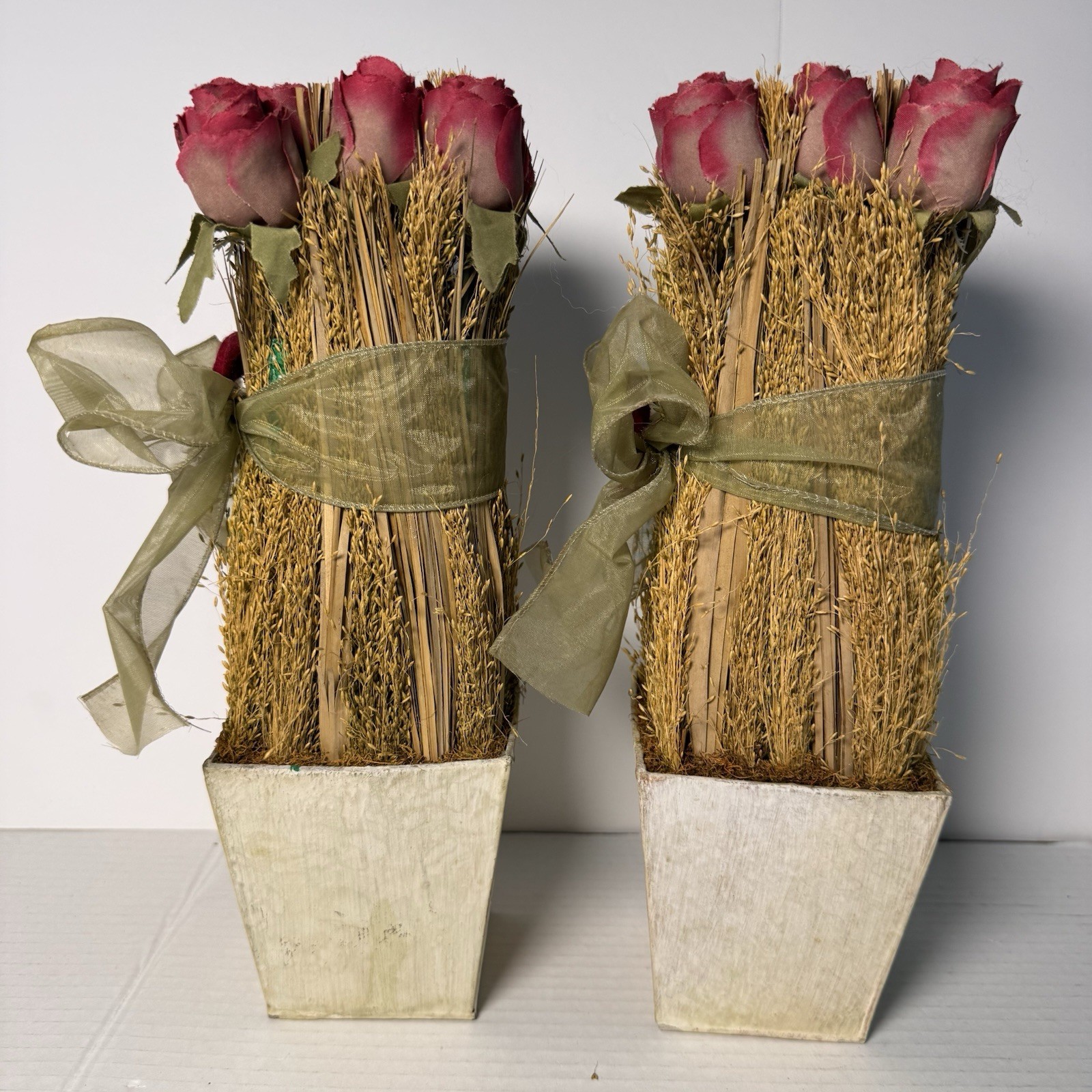 Decorative Pair Of Rose Bud Bundles With Greenery And Wood Box Containers