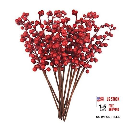 Jmkcoz 12 Pack Artificial Red Berry Stems Branches, Fake Burgundy Berry Picks