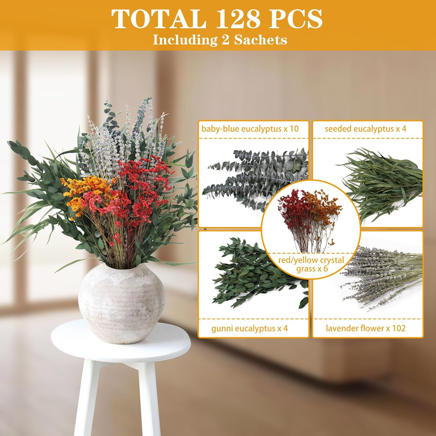 128 Pcs Mixed Real Dried Eucalyptus Stems, 100% Natural Preserved Eucalyptus Lea