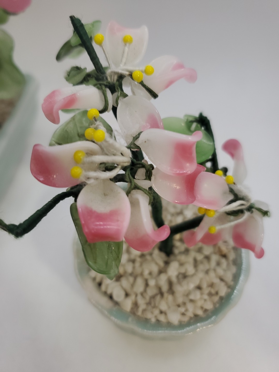 Vintage Glass & Jade Pink Flower Arrangement ~ Set Of 2