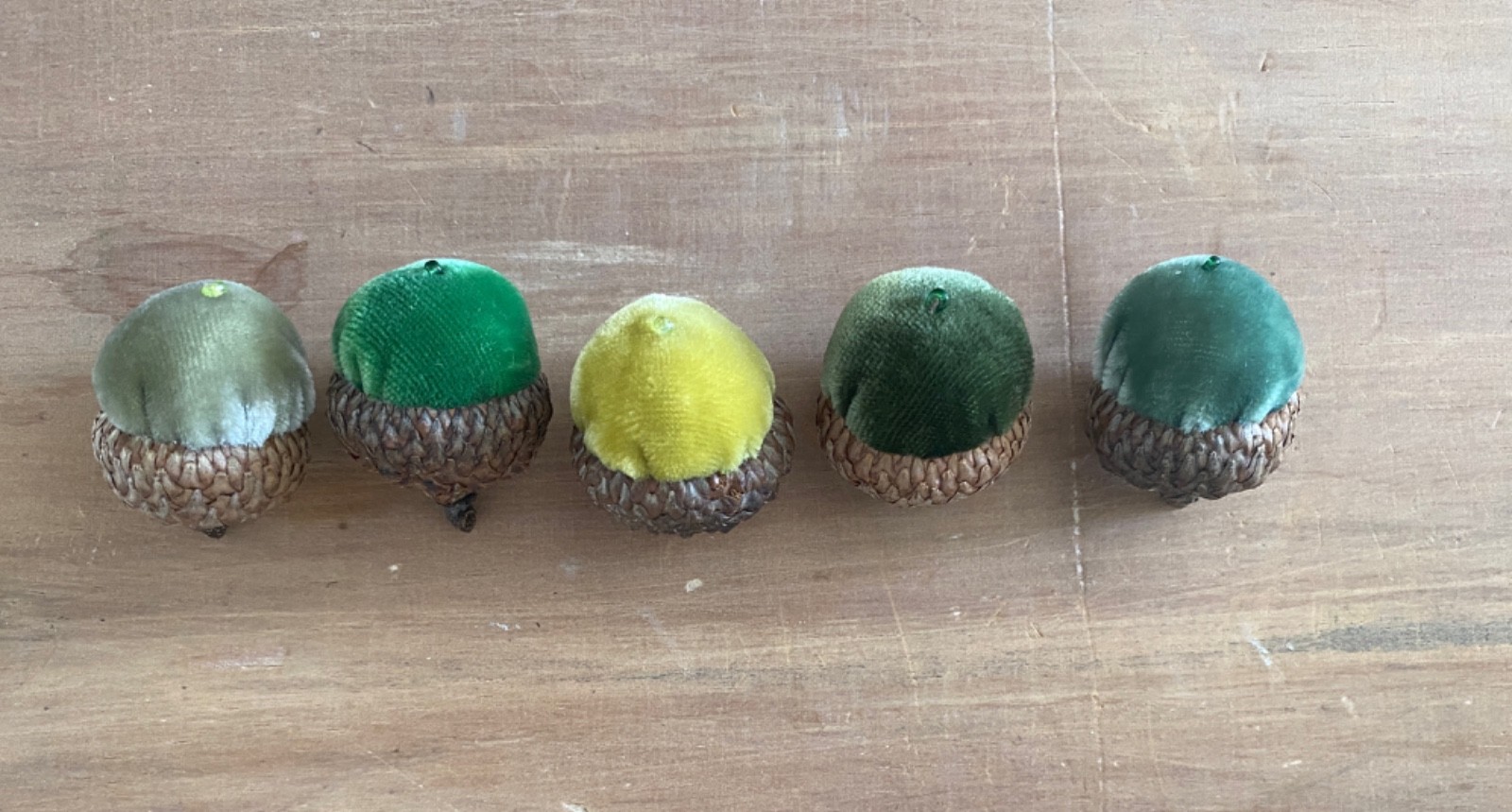 Set of 5 Handmade Velvet DECORATIVE ACORNS Shades of Green