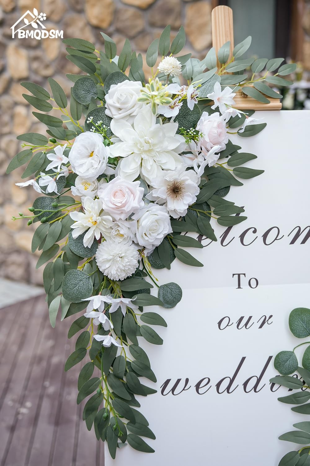 2 PCS Wedding Arch Faux Flowers Set Welcome Sign Decor Ceremony Backdrop White