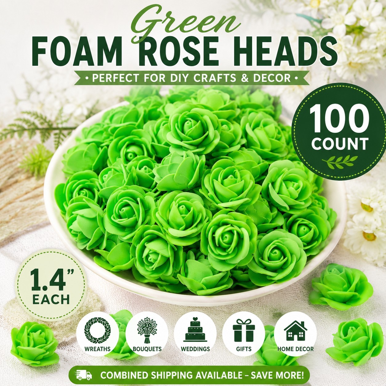 100 Ct Green Foam Rose Heads 1.4″ Artificial Flowers DIY Wedding Craft Floral…