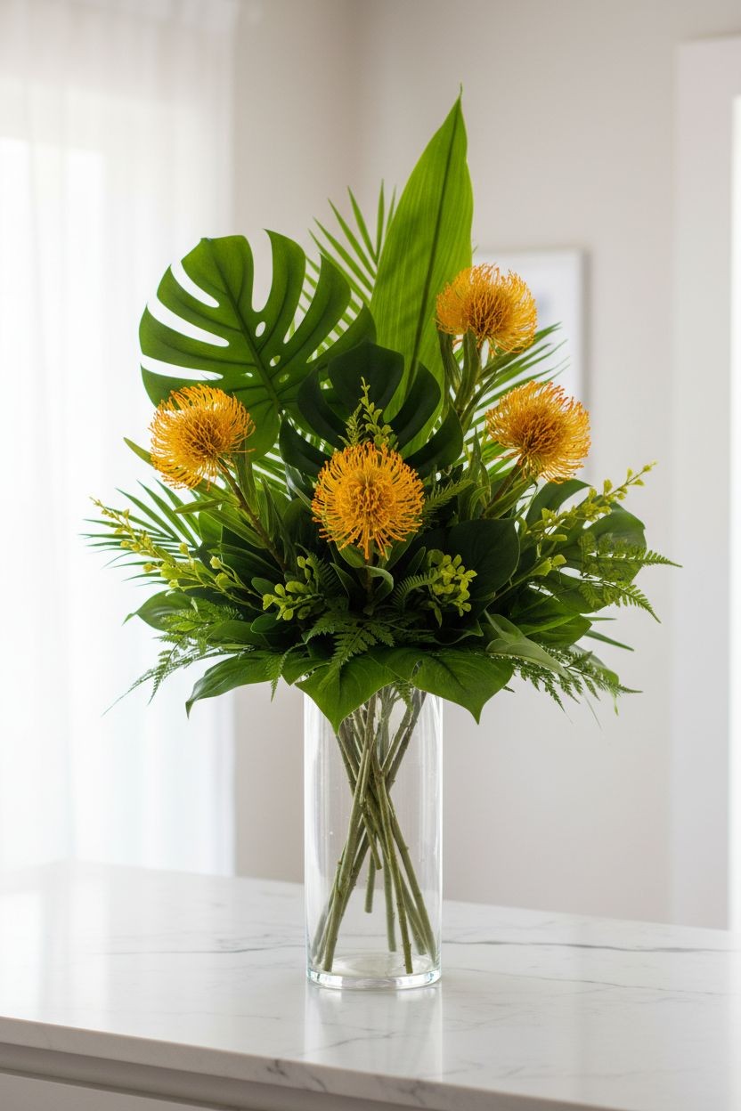 Artificial Yellow Orange Pincushion Protea Stem | Faux Leucospermum Flower | Tro