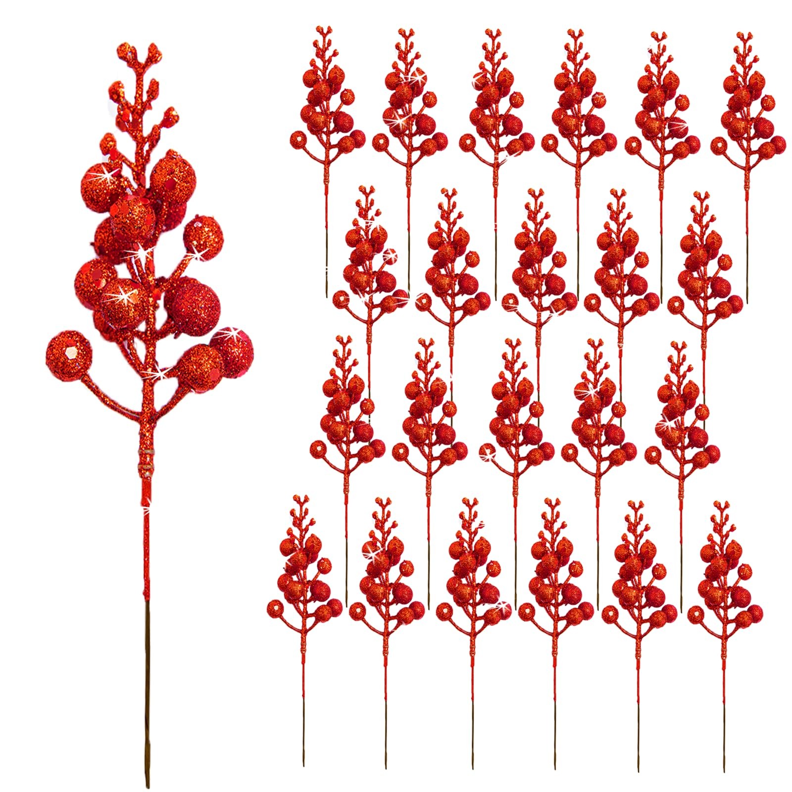 Christmas Tree Decorations, Red Christmas Glitter Stems 8 Inch, Artificial Ch…