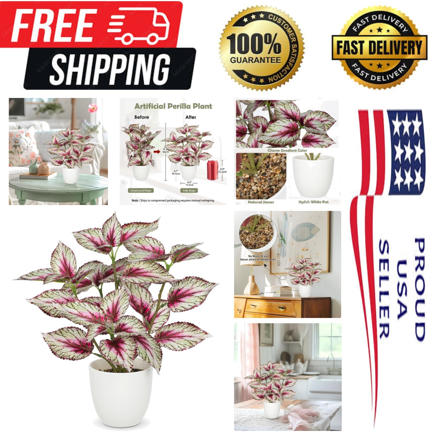 Artificial Plants Indoor 14.2″ Small Fake Perilla Plant in Pot Potted Plants …