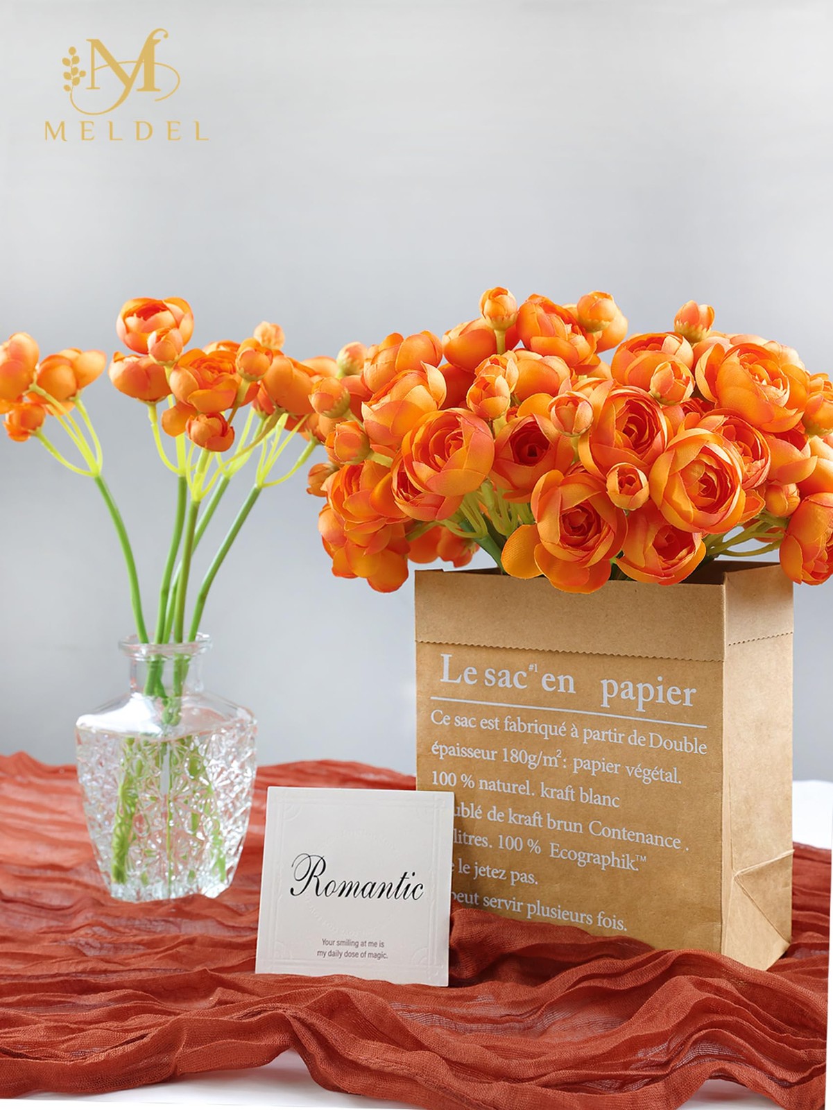 32 PCS Ranunculus Artificial Flower Faux Silk Mini Orange DIY Bouquet Peony
