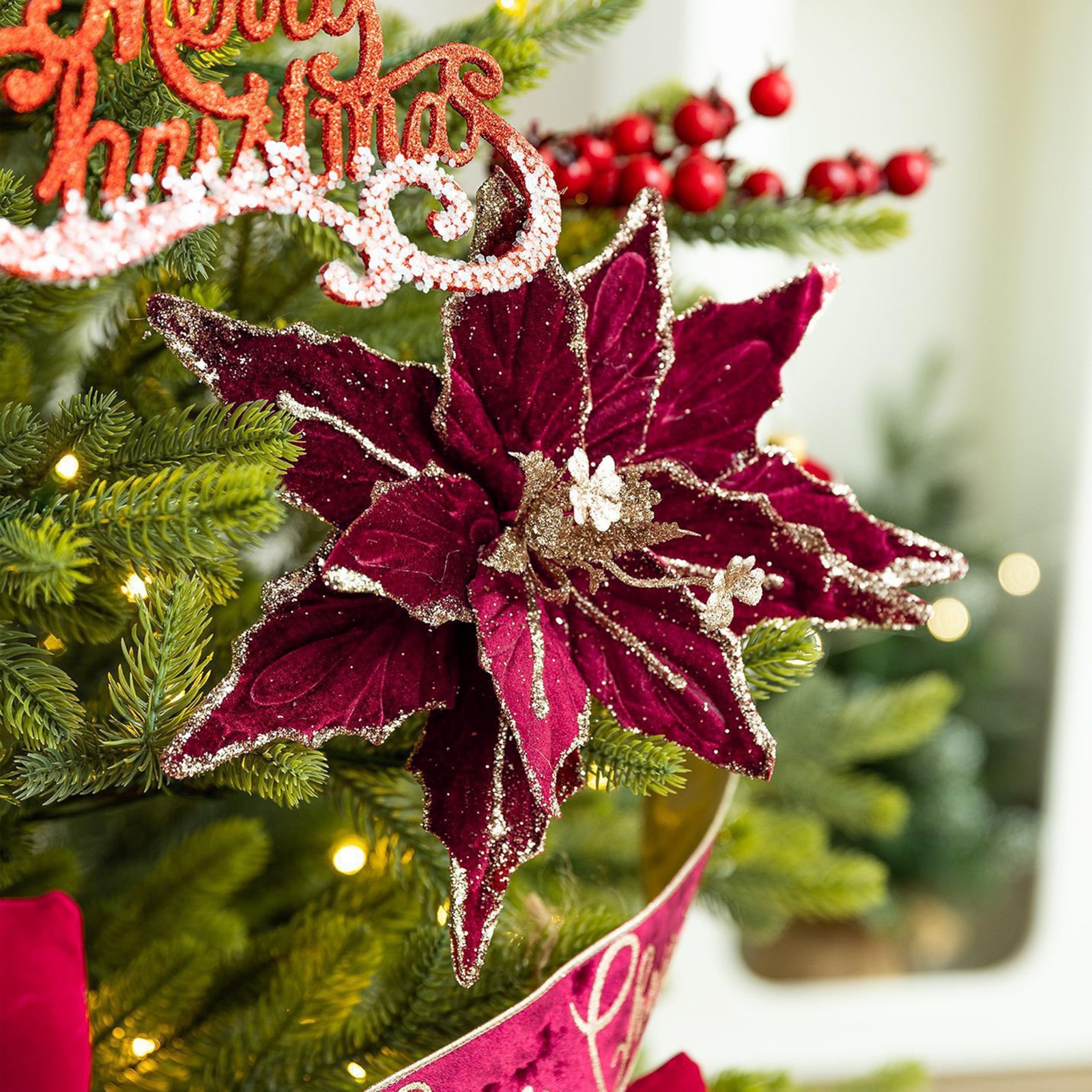 6 PCS Burgundy 11 Inch Artificial Red Velvet Poinsettia Flowers Glitter Decor