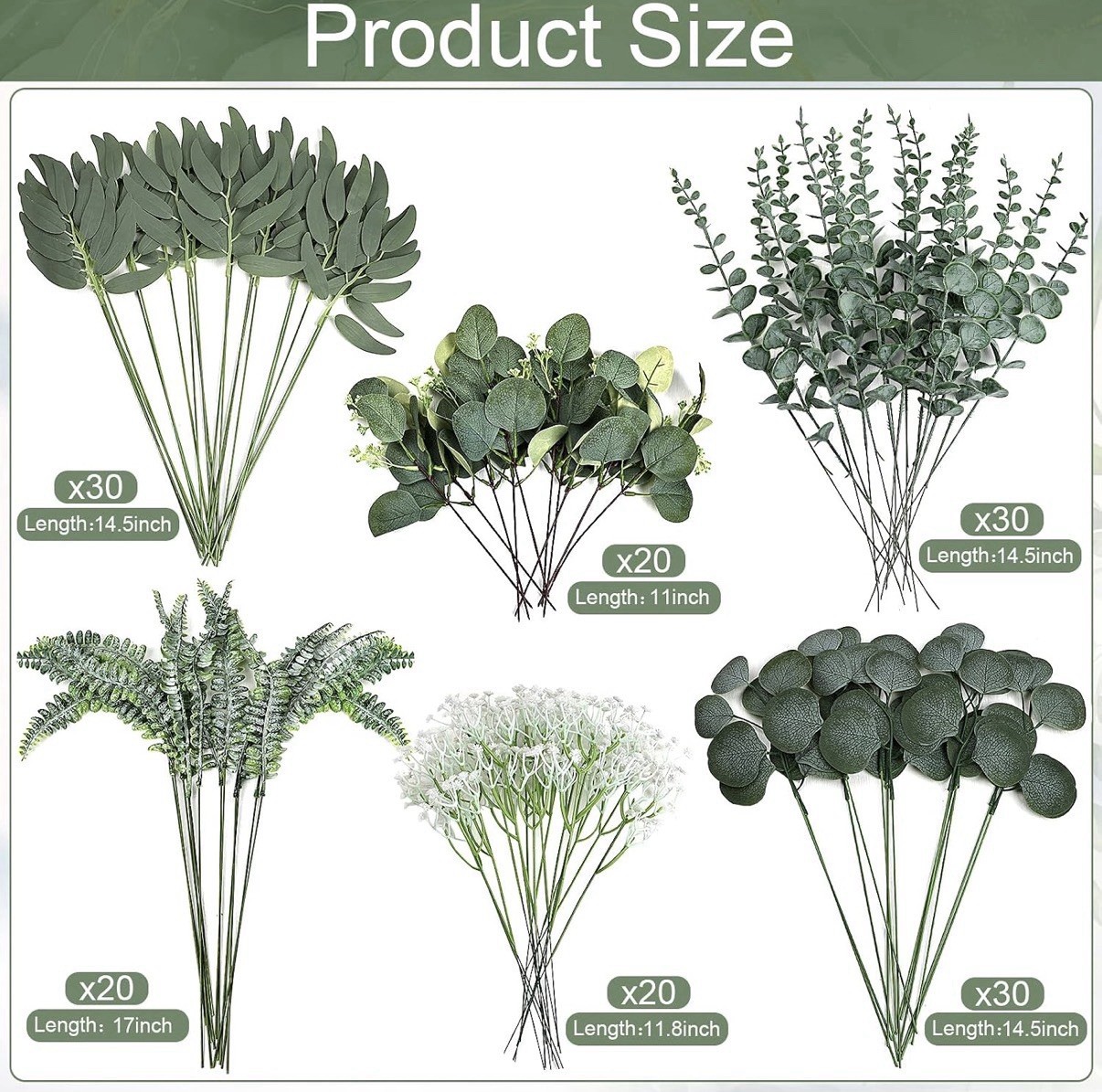 Artificial Eucalyptus & Fern Greenery Stems, Green/White, 17in, Assorted