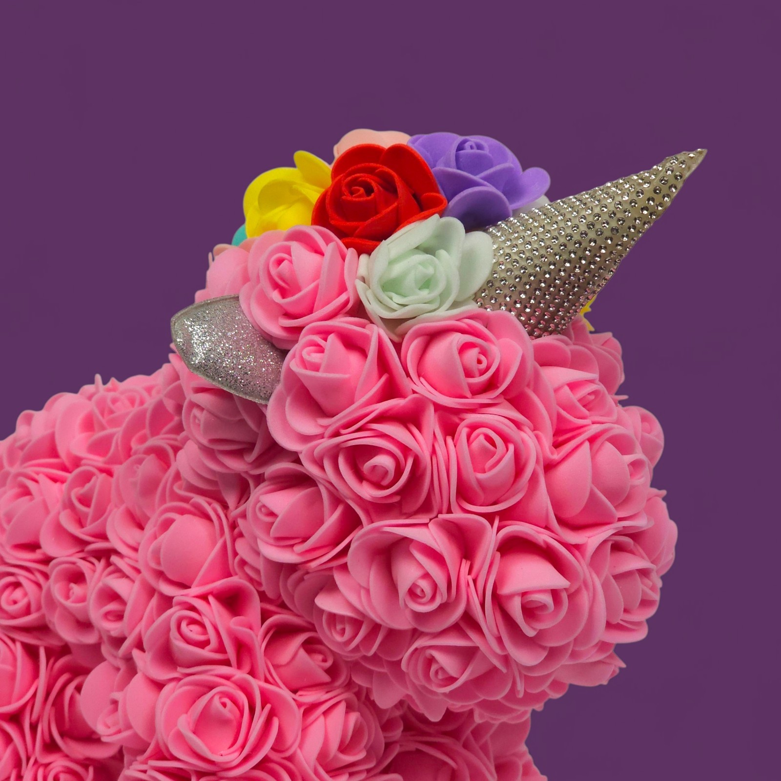 Rose Unicorn Gift – Pink Foam Flowers, Rainbow Mane, “Just For You” Box Damaged