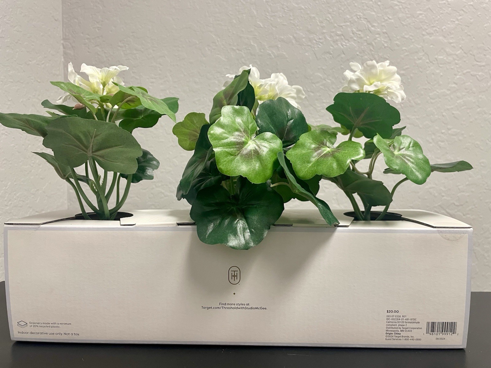 Fake plants, set of three geranium arrangement, green and white floral decor