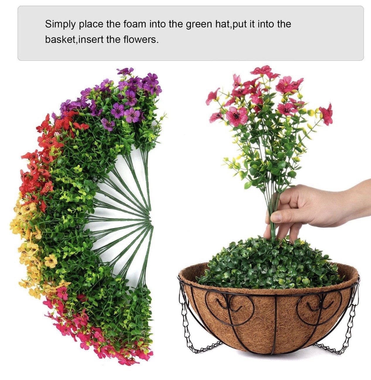 HyeFlora Artificial Faux Hanging Plants Flowers Basket for Summer Outdoor