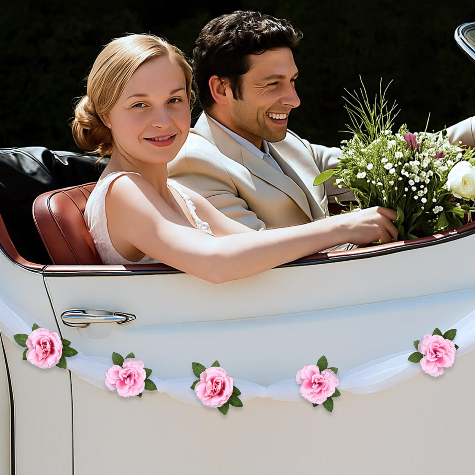 Wedding Car Decorations Pink Artificial Flowers Rose Bouquet Ribbon Set Prop