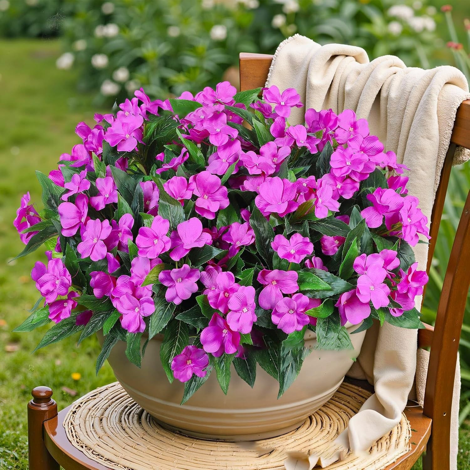 Artificial Impatiens Flowers 4 Stems Purple UV Resistant Plastic 13.5 in