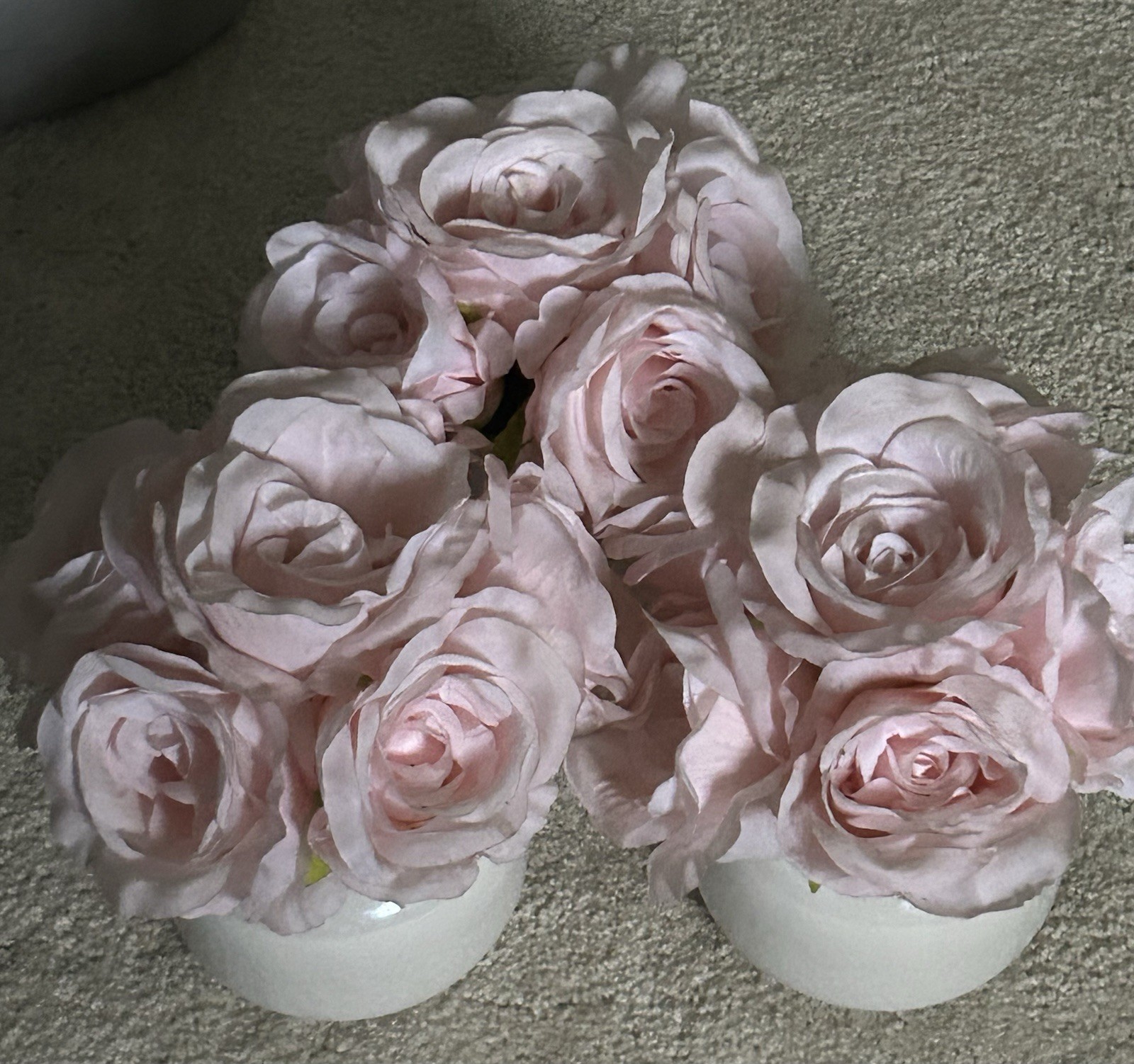 Beautiful Artificial Pink Roses Set In Pearl White Short Vases Realistic