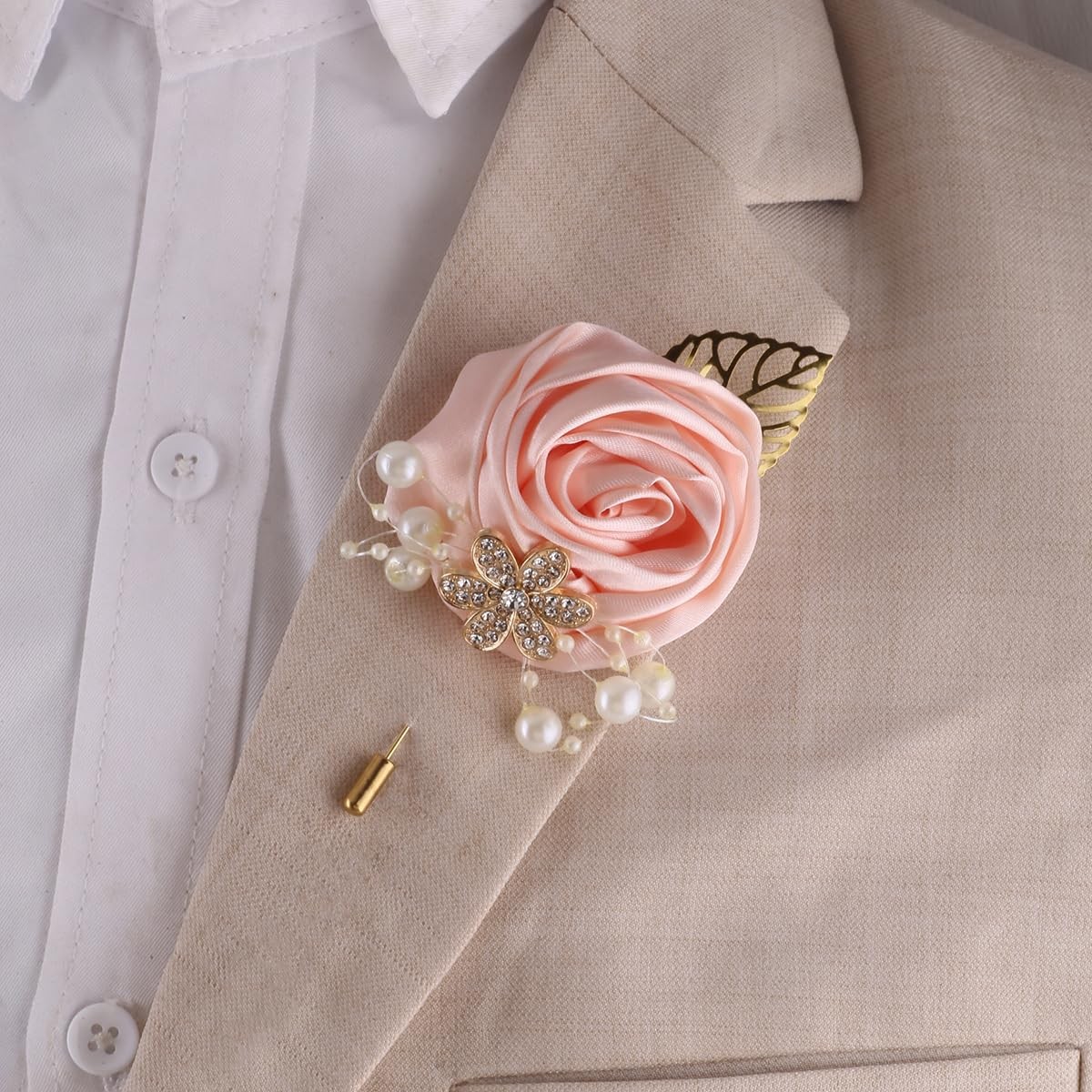 5 PCS Artificial Boutonniere Gold Leaf Faux Silk Rose Corsage Wedding Prom