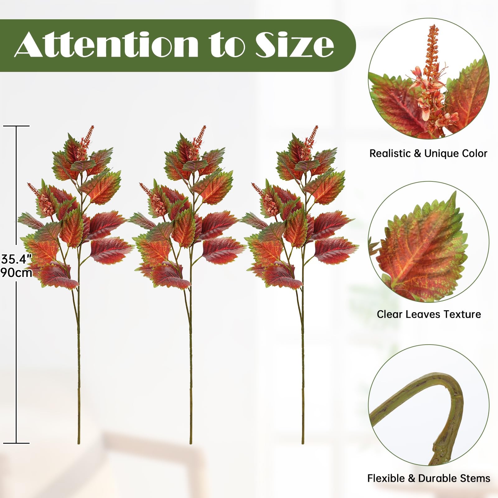 3Pcs Artificial Greenery Stems 35.4″ Tall Faux Red Perilla Branches for Vase …