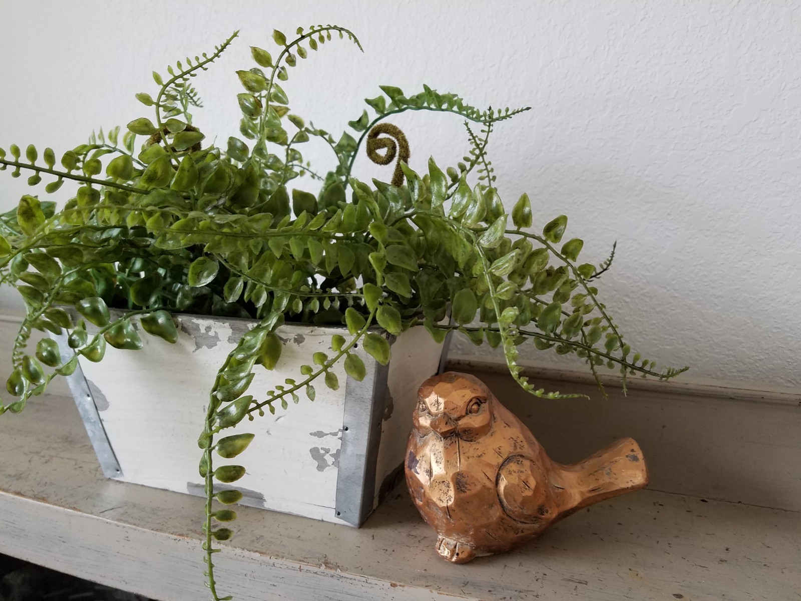 White Wood planter box, faux fern, home decor, Distressed Wood Planter
