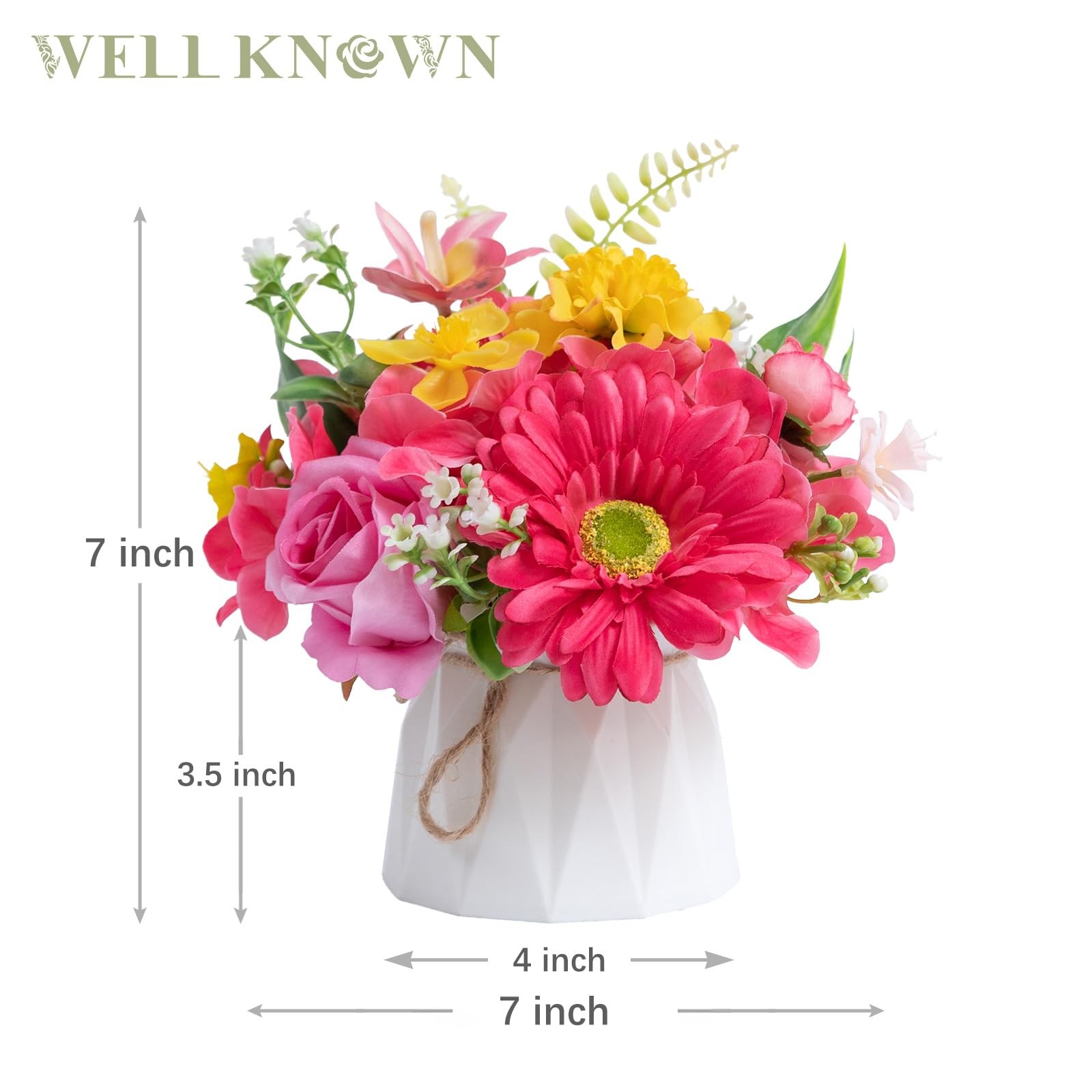 Small Fake Flowers Plastic Vase 7 Inch Centerpiece Silk Arrangement Yellow