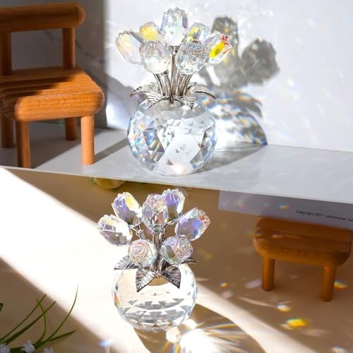 Ornalrist Crystal AB-Color Rose Bouquet Flower with Vase Figurine Decor, Rose…