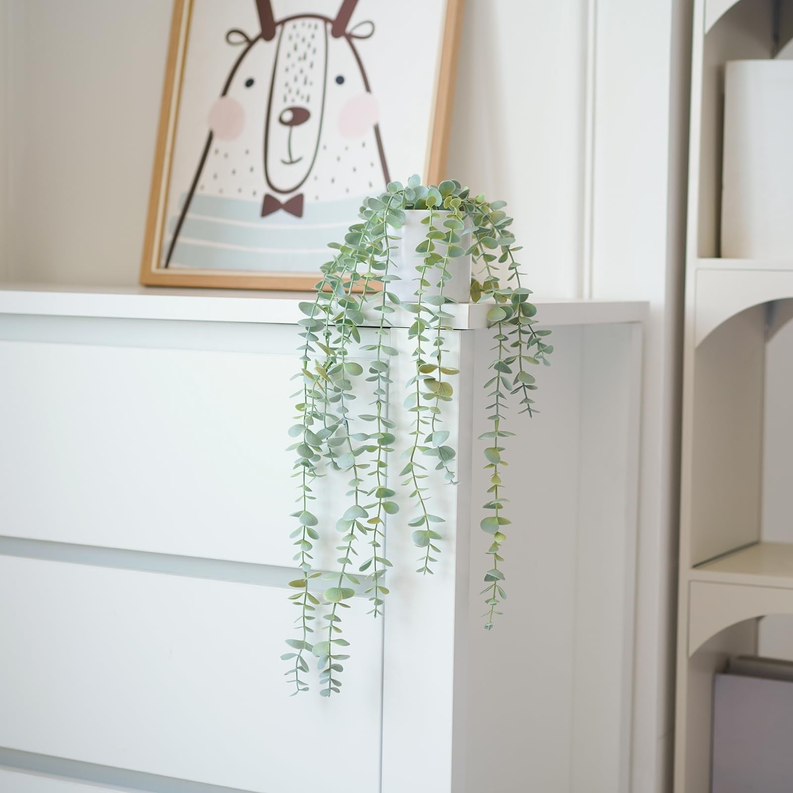Medium Decorative Hanging Plant Faux Ivy Eucalyptus Vine Greenery White Pot