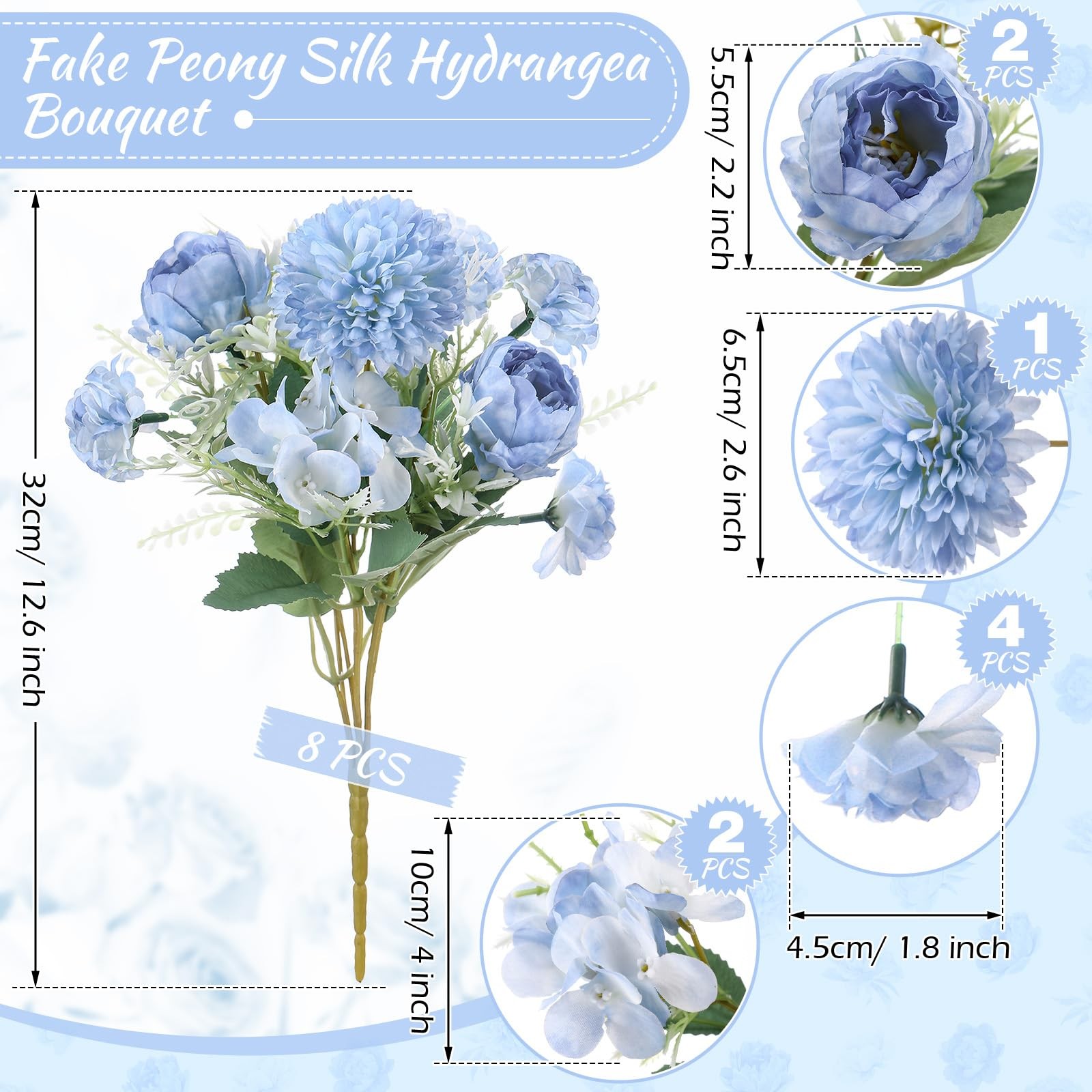 Lyrow 8 Pcs Peony Artificial Flowers Fake Silk Hydrangea Bouquet Elegant Peon…