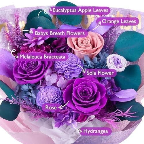 Preserved Roses and Purple Flowers Bouquet for Mother’s Day and Special Occasion