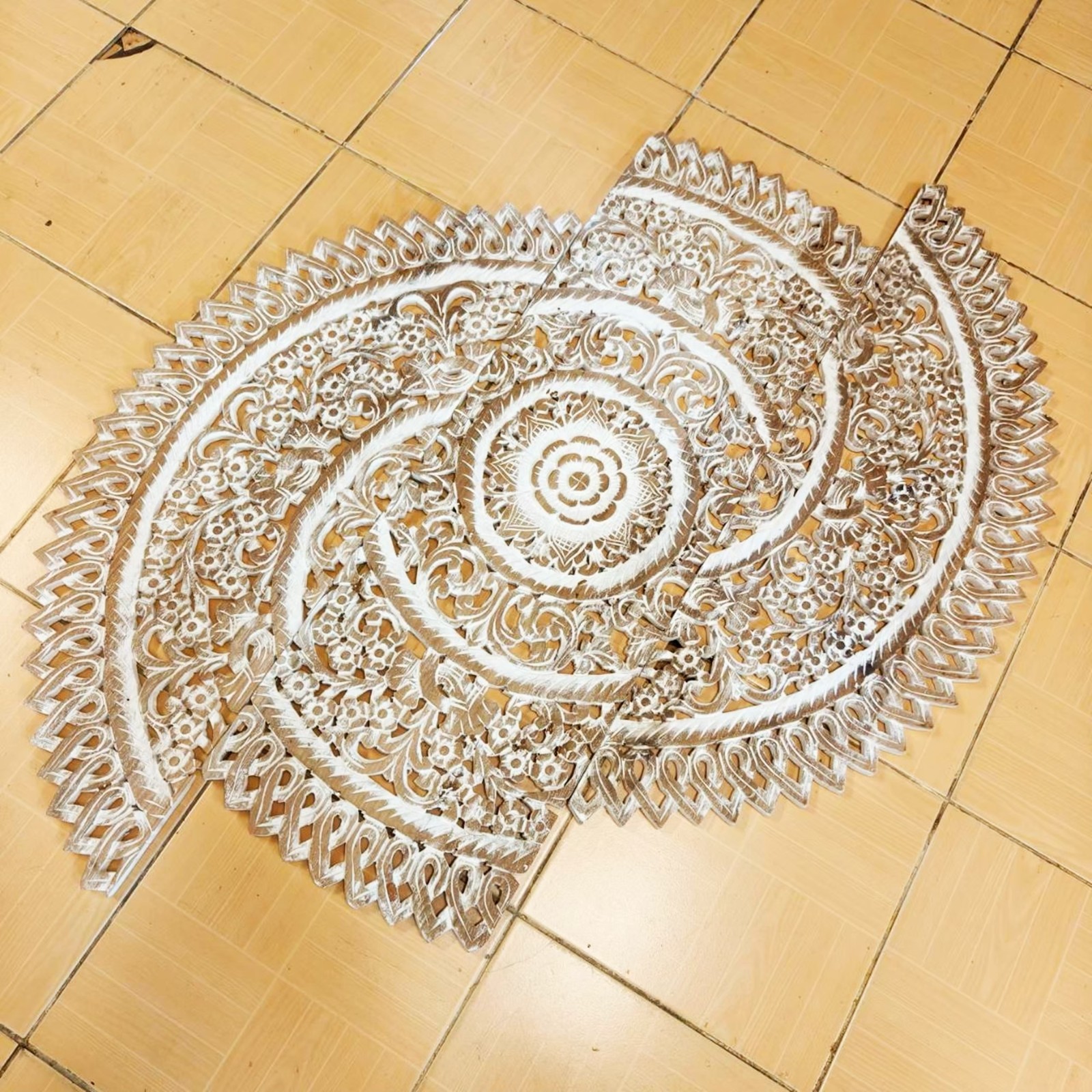 36″ Large Round White Mandala Wood Carving Wedding Decor Nursery Coastal Living