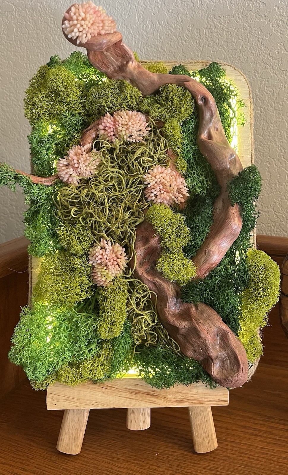 Wood Moss Art Decor w/ Floral Accents LED Lights on Wooden Easel Stand