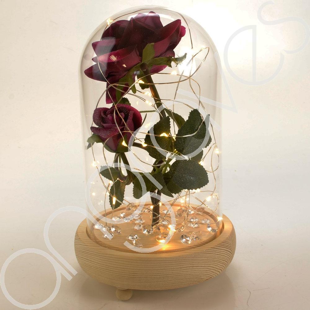 Bella Pink Handmade Enchanted Rose & Rosebud in Glass Dome Bell Jar with LED Lig