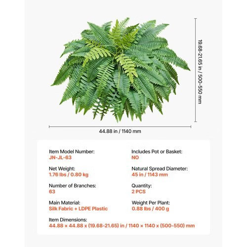 Artificial Ferns, 45 Inch Fake Boston Fern Bush Plant with 63 Fronds, Faux Gree