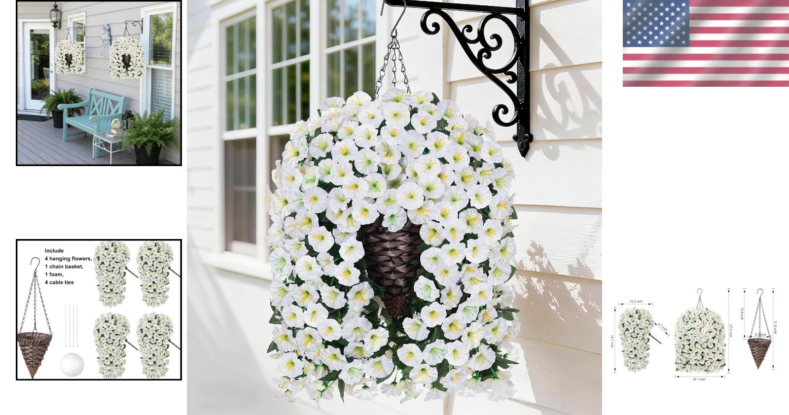 Indoor Outdoor Artificial White Morning Glory Flowers in Stylish Hanging Basket