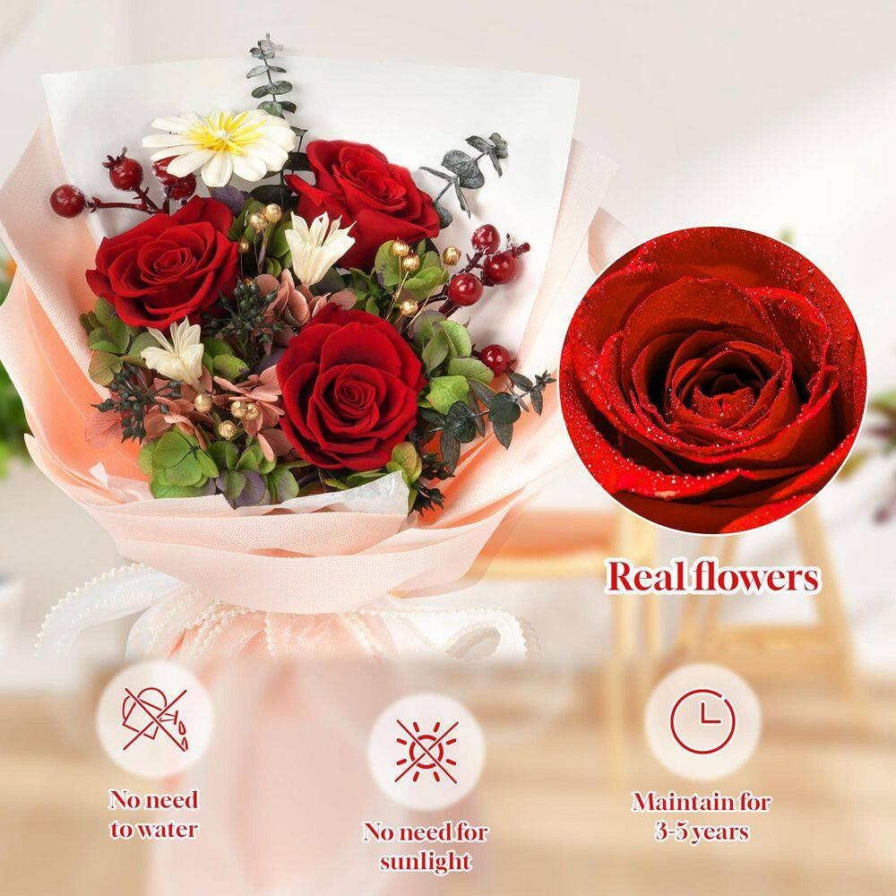 13 In. Red Artificial Everlasting Rose Bouquet-Includes Gift Box and Greeting Ca