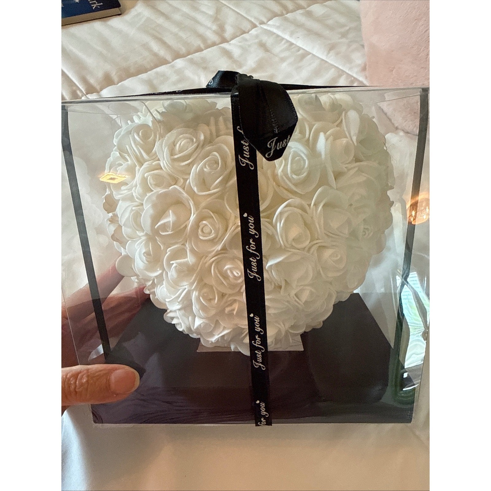 White Artificial Rose Flower Heart Gift Box Valentine Anniversary Decor