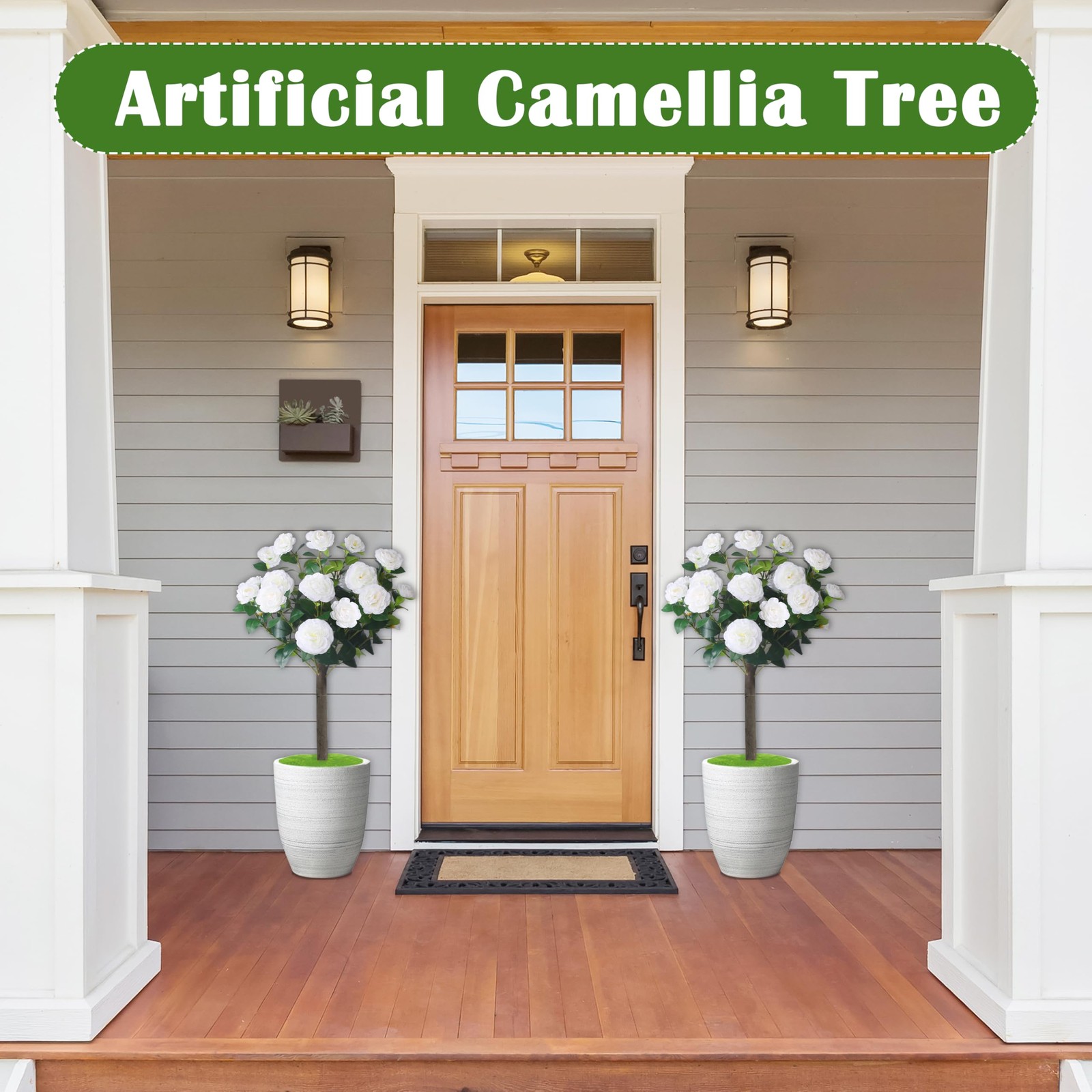 35.5″ Set of 2 Artificial Camellia Tree, Faux White Camellia Flowers Plant wi…