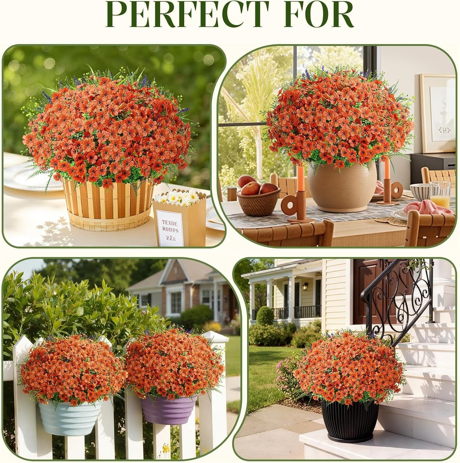 24 Bundles Artificial Flowers for Outdoors Spring Decoration, UV Resistant Eu…