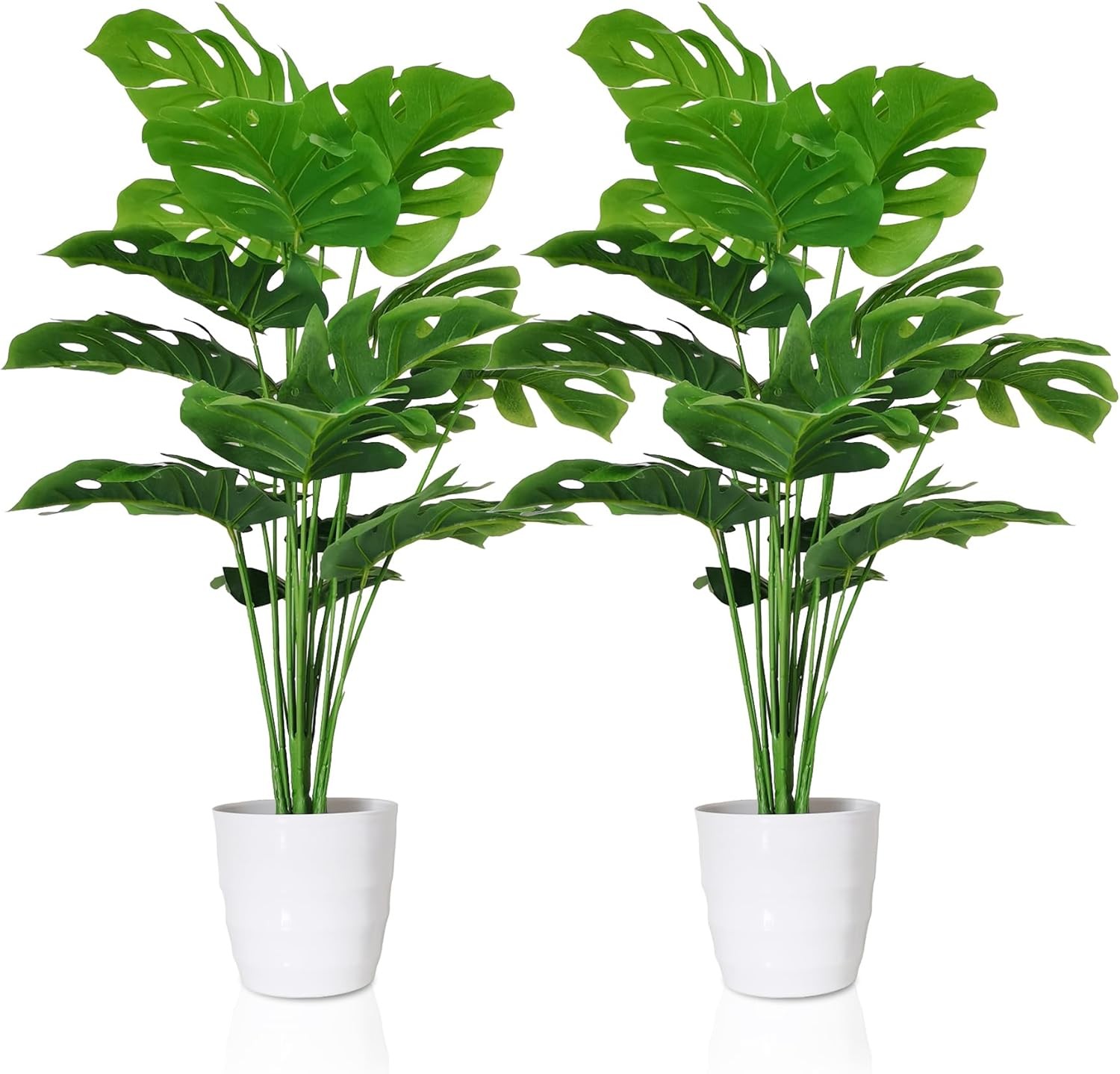 Set of 2 Artificial Monstera Deliciosa Plants in Pots Fake Tropical Palm Tree W/