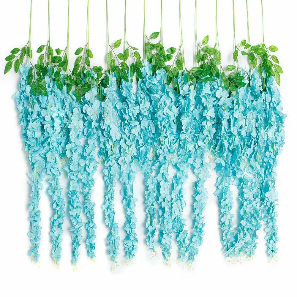12Pcs 3.6ft Artificial Wisteria Vine Silk Blue Hanging Flower Wedding Home Decor