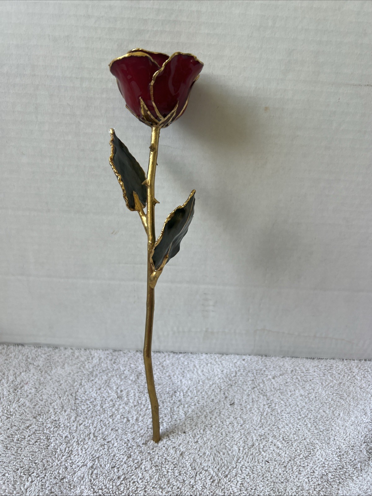 Handcrafted Preserved Red Rose Gloss Laquered With 24K Gold Plated Trimmed