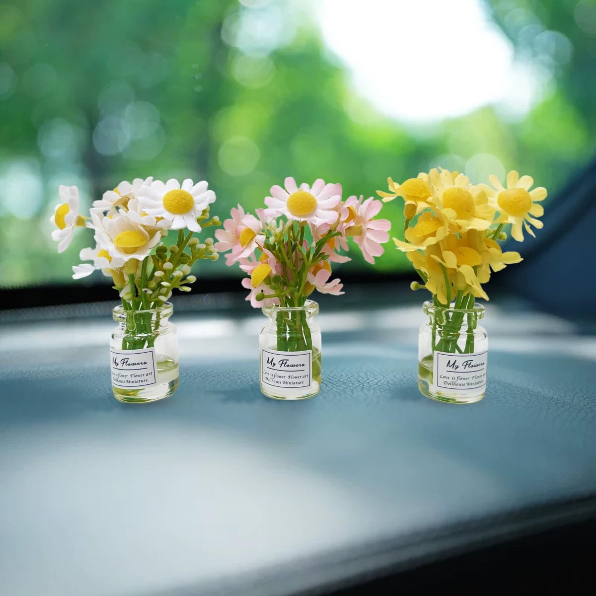 Set of 3 Mini Daisy Flowers in Glass Vase Cute Car Accessories for Rear View