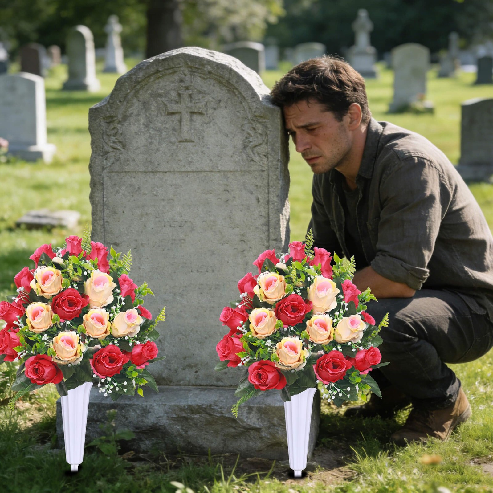 Lodou Artificial Cemetery Flowers,Set of 2 Grave Decorations Roses, Tombstone Me