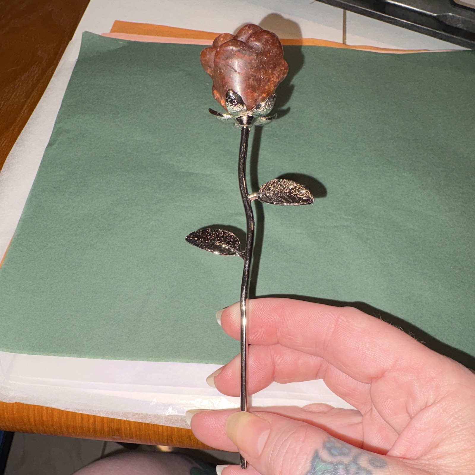 Artificial Metal Rose Flower Stem Wall Decor, Silver & Brown Floral 5 in