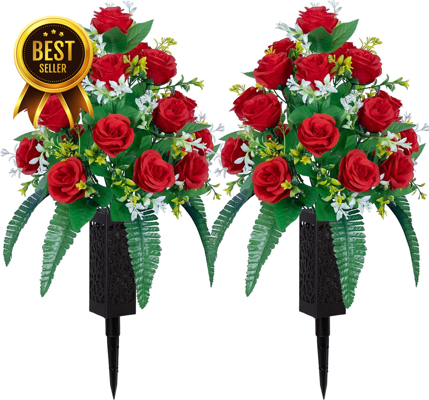 2 Sets Artificial Cemetery Flowers Grave Decorations Roses with Nail Vases Red