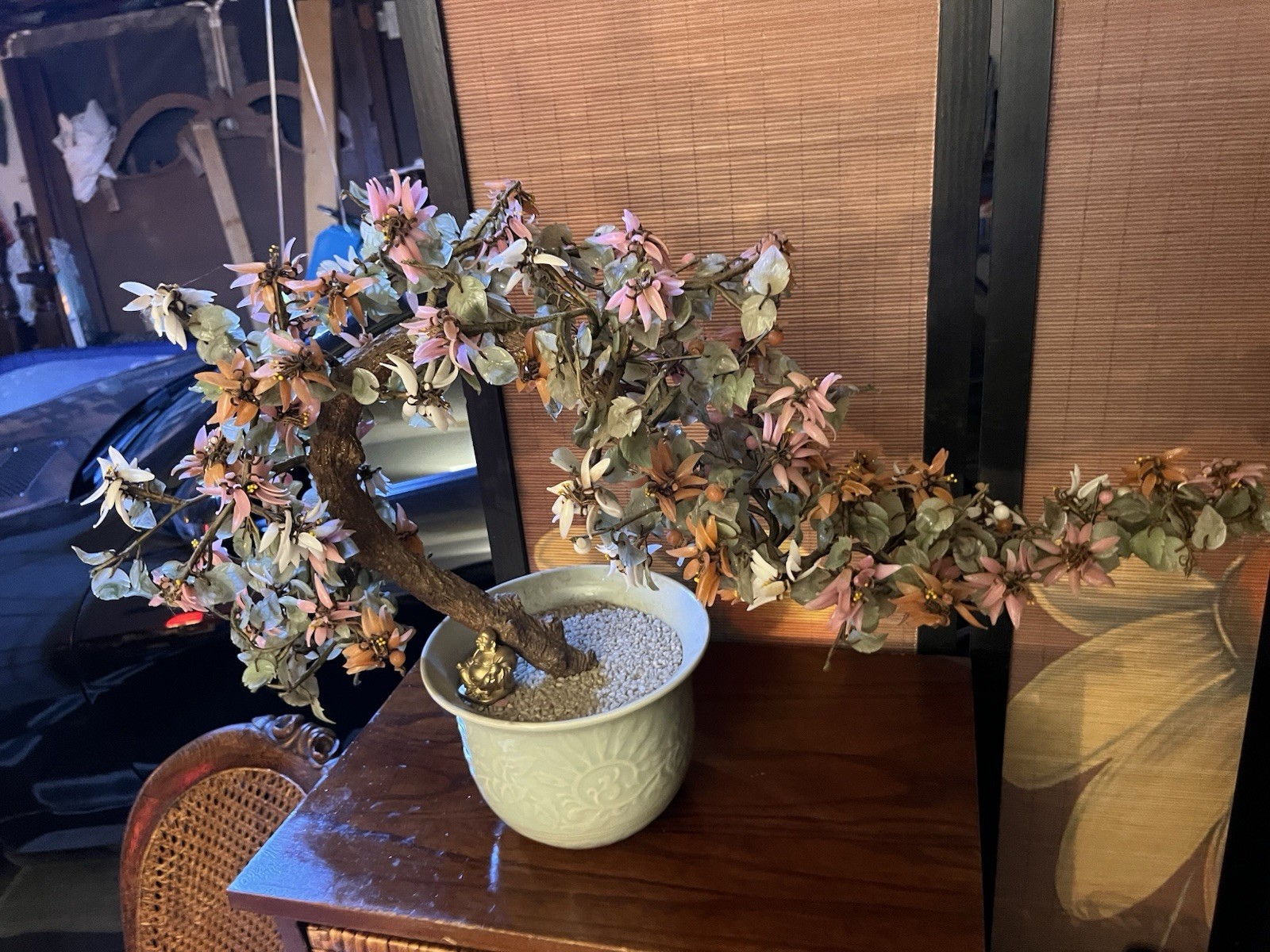 Artificial Bonsai Tree Houseplant, Jade and Green/Pink/White, Flower Pot