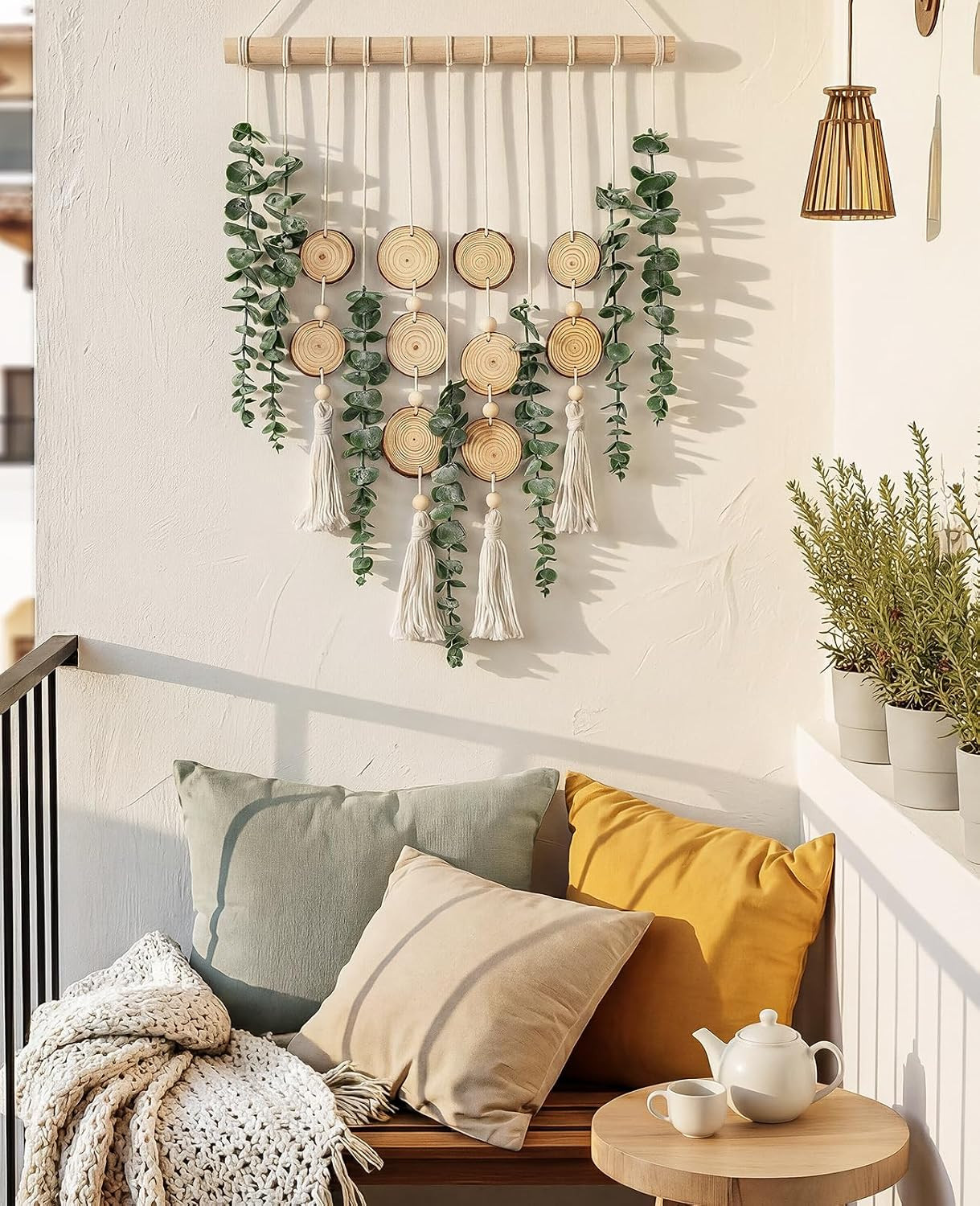 Artificial Eucalyptus Wall Hanging, Fake Greenery Leaves Stems with Wood Slices