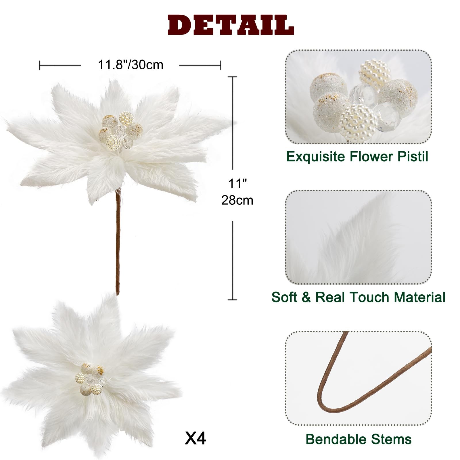 4 PCS 11.8 Inch White Artificial Christmas Poinsettia Fake Flowers Spray Pick