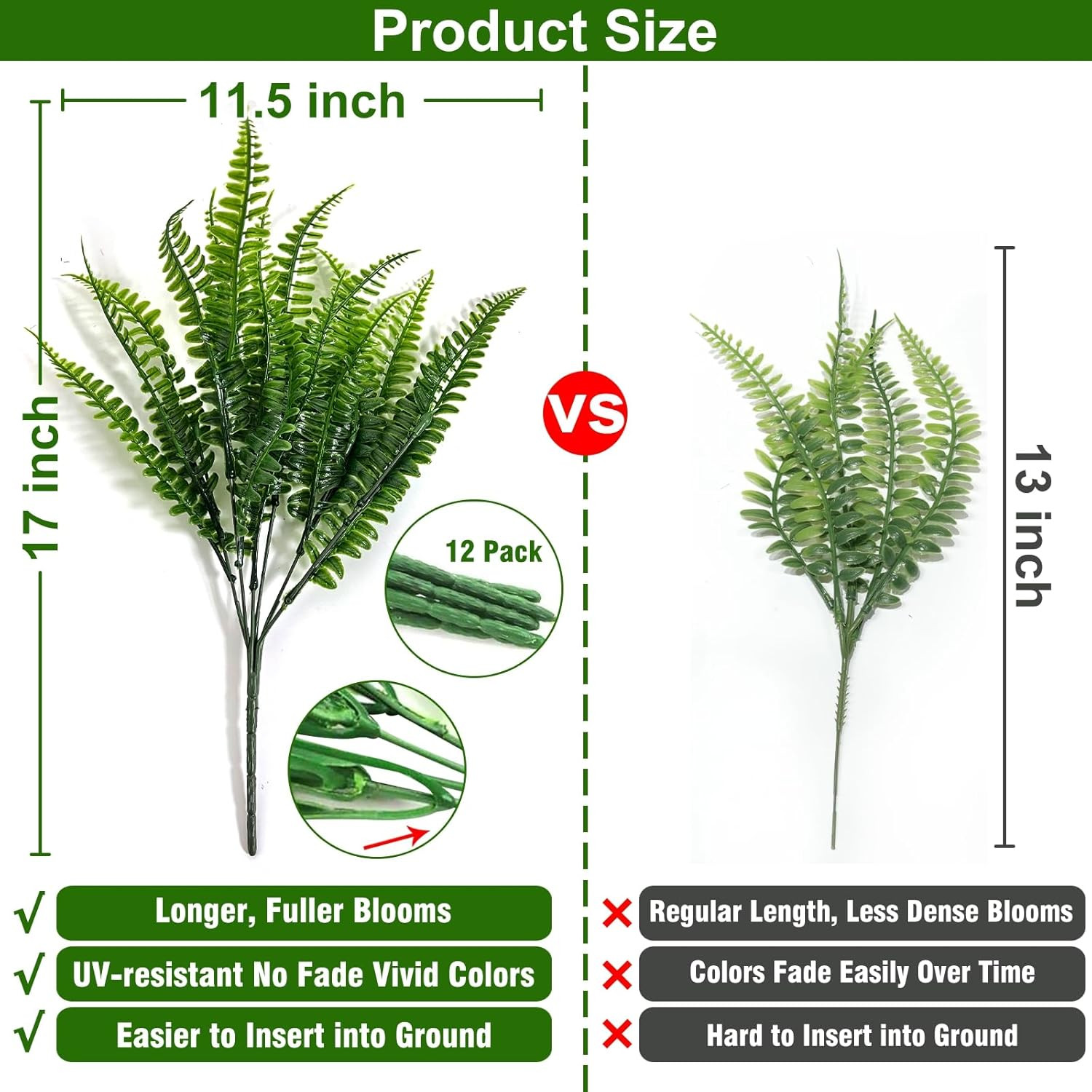 12 Bundles Fake Boston Fern Artificial Plants Outdoor Spring Decor, UV Resistant
