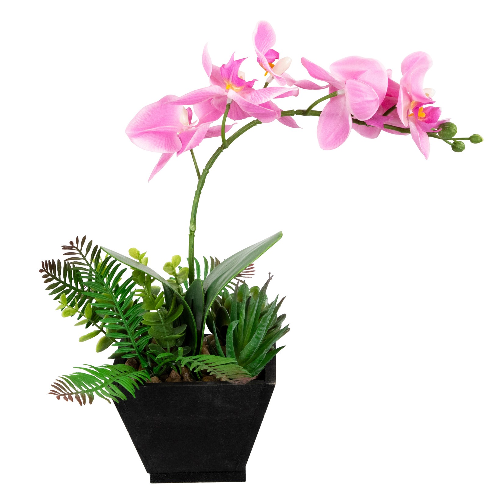 13″ Artificial White, Pink and Green Orchid Succulent Plants Square Black Pot